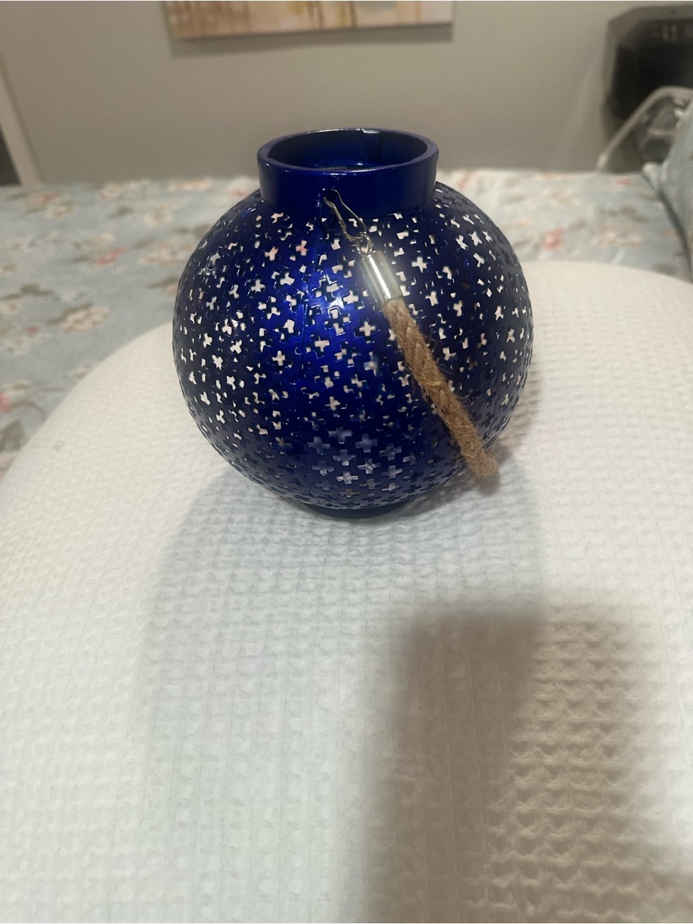 Decorative Navy Blue Perforated Metal Lantern with Rope Accent